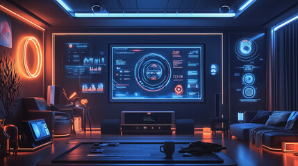 Futuristic Smart Home Scene: Interconnected Living Room with Modern Furniture, Smart Devices, User-Friendly Interface, Ambient Lighting, Holographic Displays, Emphasizing Comfort, Efficiency, and Conv