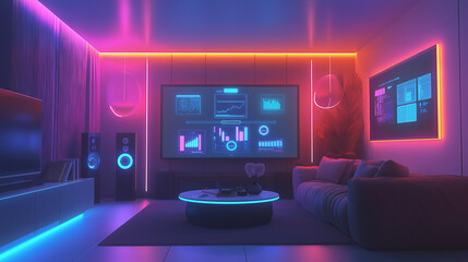 Futuristic Smart Home Scene: Interconnected Living Room with Modern Furniture, Smart Devices, User-Friendly Interface, Ambient Lighting, Holographic Displays, Emphasizing Comfort, Efficiency, and Conv