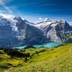 Fototapeta premium The Majestic Swiss Alps With Towering Snow-Capped Peaks, Alpine Meadows, and Crystal-Clear Mountain Lakes, Creating an Idyllic Natural Setting for Outdoor Adventures