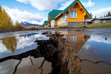 Obraz premium Melting permafrost causing buildings to sink in a rural village, with cracks forming in the ground, symbolizing the devastating effects of global warming on infrastructure