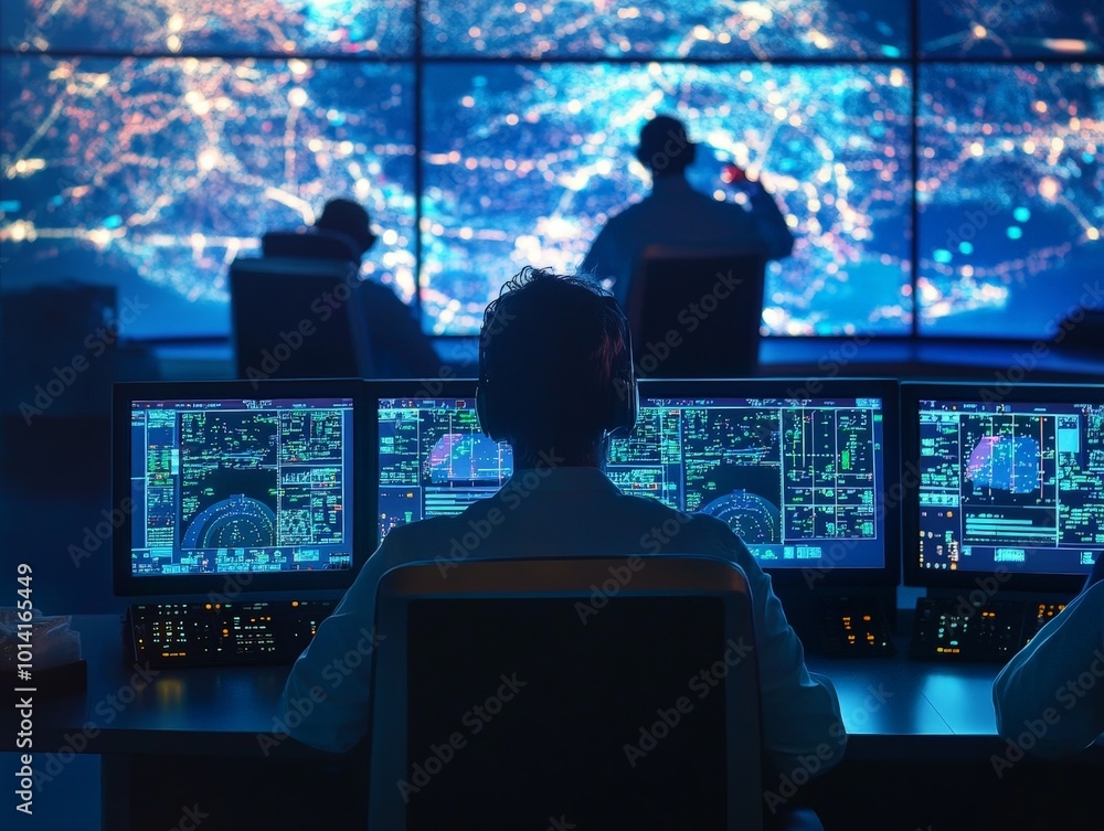 Poster a man is sitting in front of a computer screen with a map of the world on it