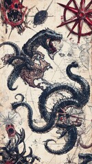 Sea Monster on an Antique Map.