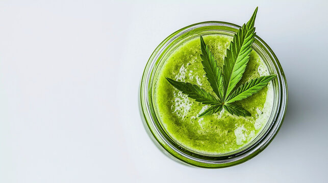 Top view of bhang glass with sativa leaf isolated on white background 