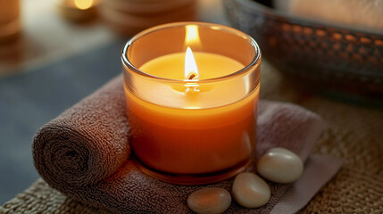 Closeup of aromatic candle with towel and stones