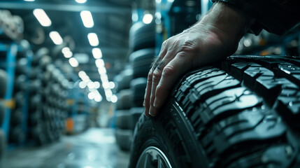 Worker inspecting a tire in an industrial automotive manufacturing plant