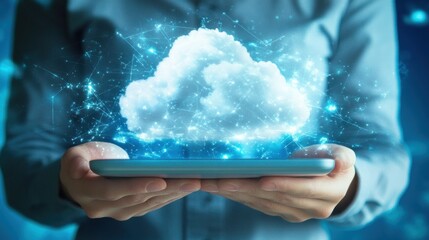 Woman holding tablet with glowing cloud computing network icon.