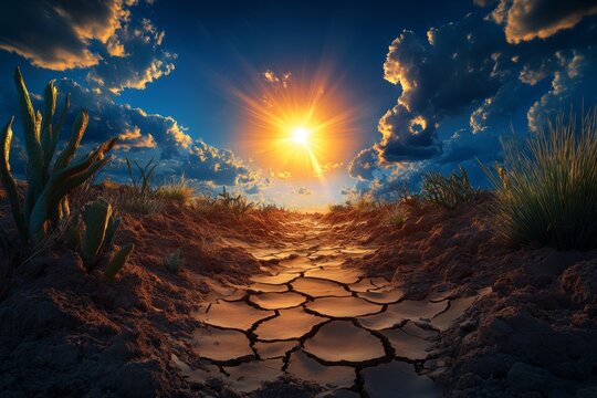 Realistic depiction of a drought-affected landscape, with parched soil, withered plants, and a blazing sun in the sky