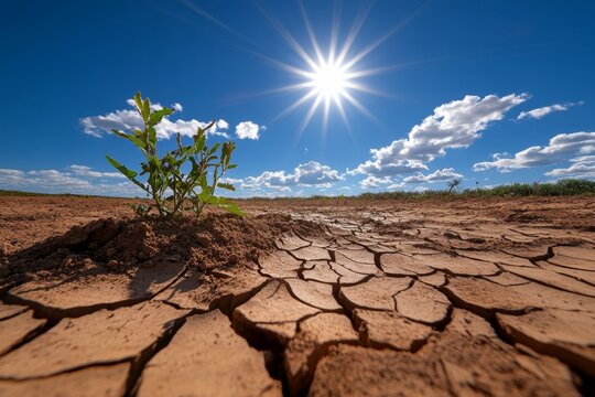 Realistic depiction of a drought-affected landscape, with parched soil, withered plants, and a blazing sun in the sky