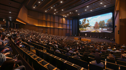 People looking at a screen in a large venue.