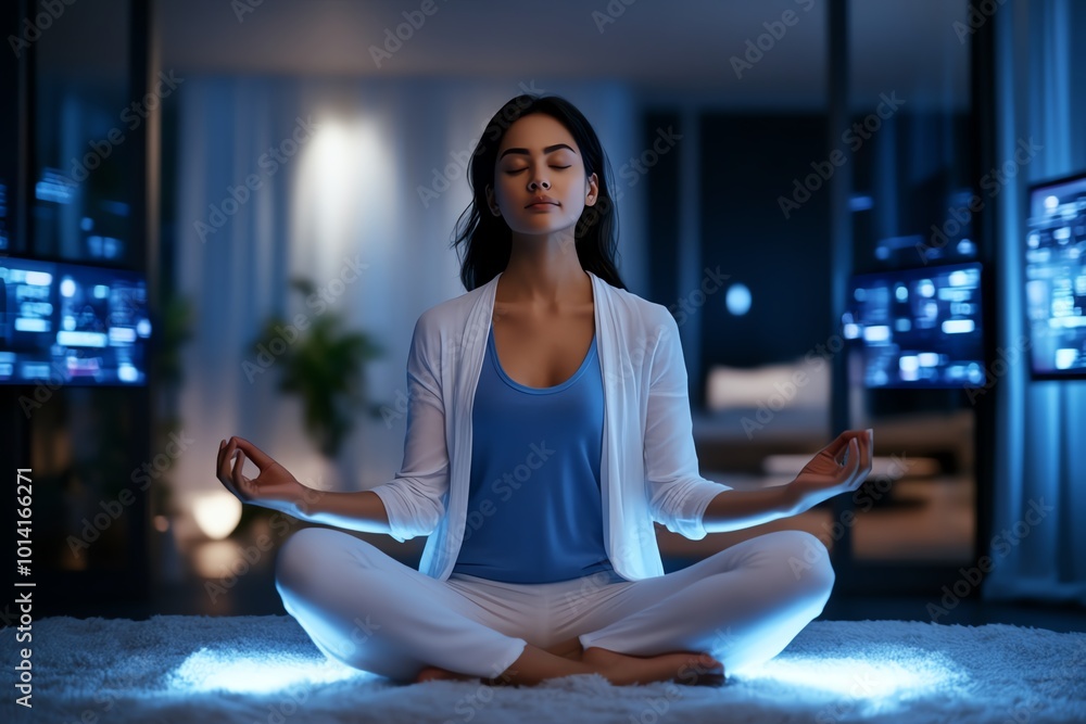 Poster 3d-rendered figure meditating in a futuristic room, surrounded by digital displays and soft glowing 