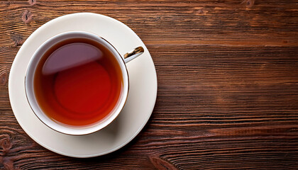 Obraz premium Cup of tea on wooden table. Top view with copy space