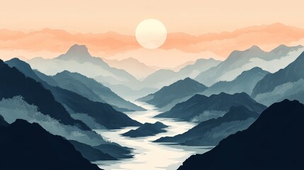 Motivational zen quote paired with an illustration of a peaceful river flowing through mountains, ideal for a tranquil Facebook image.