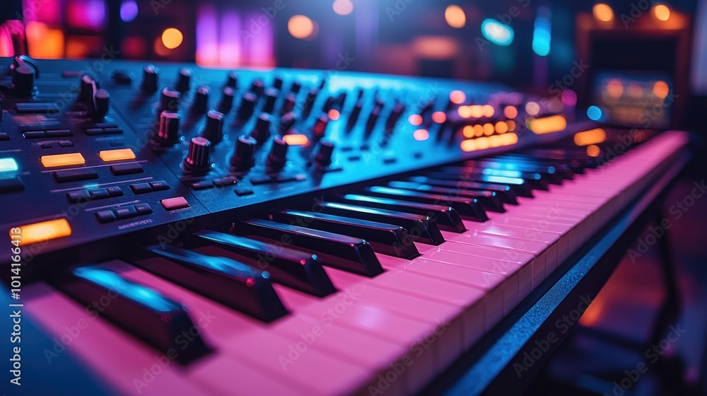 Poster a close-up of a synthesizer keyboard with colorful lights.