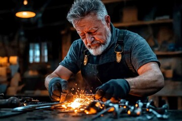 Realistic image of a rural blacksmith working in a small workshop, crafting tools for the local community with skill and dedication