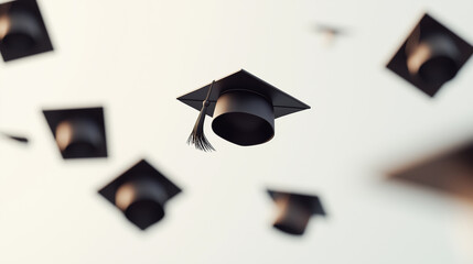 A graduation cap is flying through the air with other graduation caps