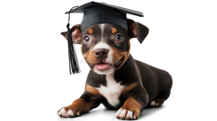 A dog wearing a graduation cap and gown