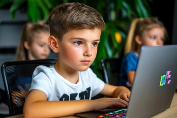 Realistic image of children learning to code in a modern classroom, representing how tomorrowâ€™s generation is being shaped by digital literacy