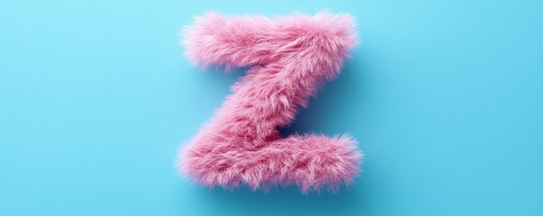 Fototapeta premium Pink fluffy letter z on blue background, playful font design concept