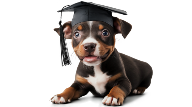 A dog wearing a graduation cap and gown