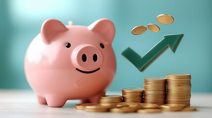 Piggy bank, golden coins, and a green arrow points up to the sky, representing the continuous growth of savings.  the power of savings and the future financial stability