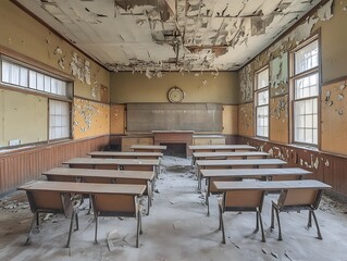 Fototapeta premium An abandoned classroom with desks and chairs, the ceiling is peeling and the walls are faded, with dust covering the floor.