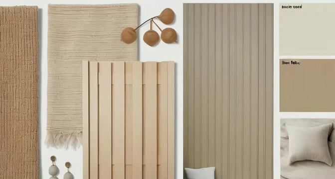 Board of materials: boucle fabric, light wood, linen fabric, beige facade