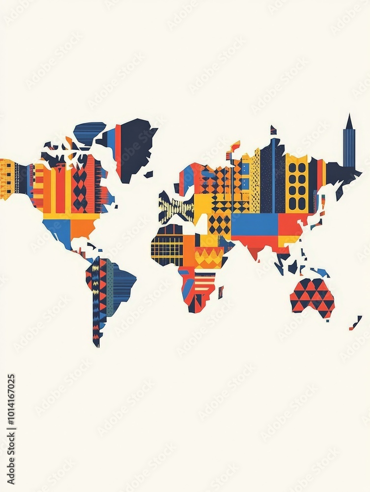 Poster world map with colorful patterns.