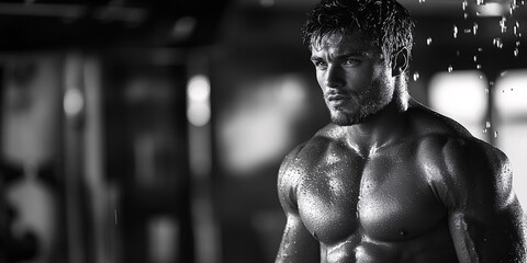 black and white portrait of muscular man in gym shower