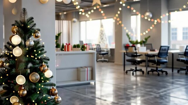 Festive office holiday decorations with Christmas tree and lights