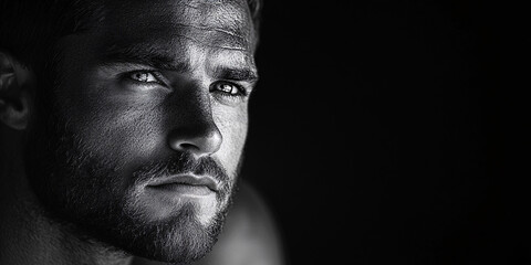 black and white portrait of handsome man with serious expression
