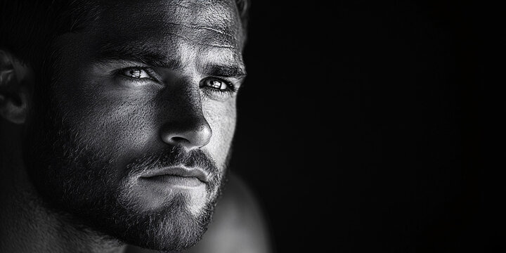 black and white portrait of handsome man with serious expression - Powered by Adobe
