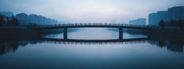 Fototapeta premium Minimalist Bridge Over River with Simple Skyline, serene waterway, elegant structure, peaceful urban landscape, contemporary design