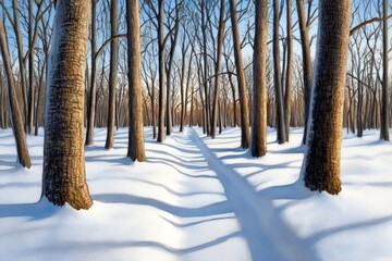 Watercolor painting of a snowy forest, with delicate hues capturing the quiet, peaceful snowfall and bare trees