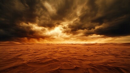 A desert landscape hit by extreme weather, with intense heatwaves and sudden sandstorms sweeping across the barren land