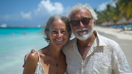 Obraz premium Smiling romantic senior couple in sunglasses at beach