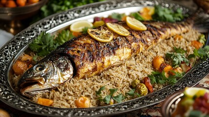 A whole grilled fish with lemon slices on top of rice and vegetables served on a silver platter.