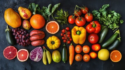 A vibrant collection of fresh fruits and vegetables arranged in a rainbow pattern.