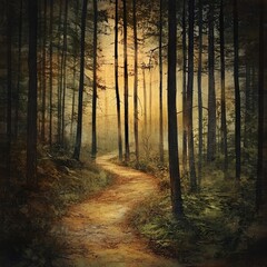 Obraz premium Scenic quote paired with an artistic landscape of a forest trail, creating a peaceful and reflective Facebook image.