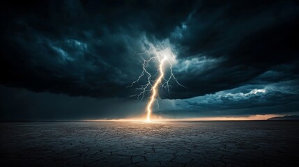 A dramatic lightning strike over a barren desert, with the bolt splitting the dark clouds and illuminating the sky for a brief moment