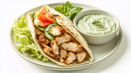 Chicken shawarma served with mint sauce in plate isolated on white background 