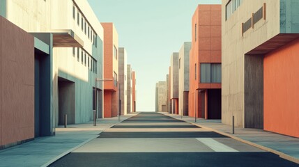 Quiet urban street, devoid of vehicles, showcasing minimalist geometric buildings, serene atmosphere, modern design elements