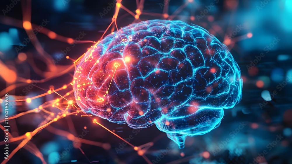 Poster a 3d rendering of a glowing blue brain connected by red and yellow lines