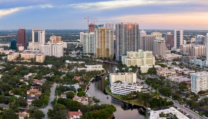 Obraz premium New River canal and the downtown city skyline of Fort Lauderdale, Florida, United States.