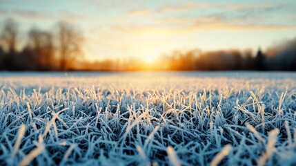 A field covered in early morning frost, where blades of grass glisten under the first rays of sunlight, giving the landscape a sparkling appearance