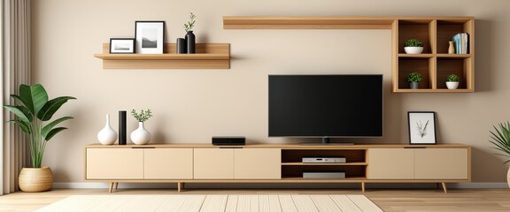 Interior Wall with TV Cabinet for Modern Design of Empty Wooden Furniture for Product Presentation