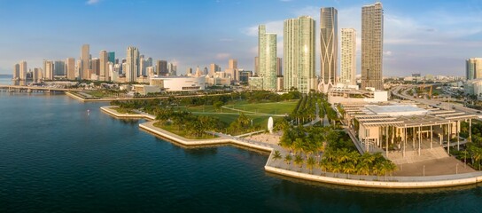 Maurice A. Ferré Park and the downtown city skyline of Miami, Florida, United States.