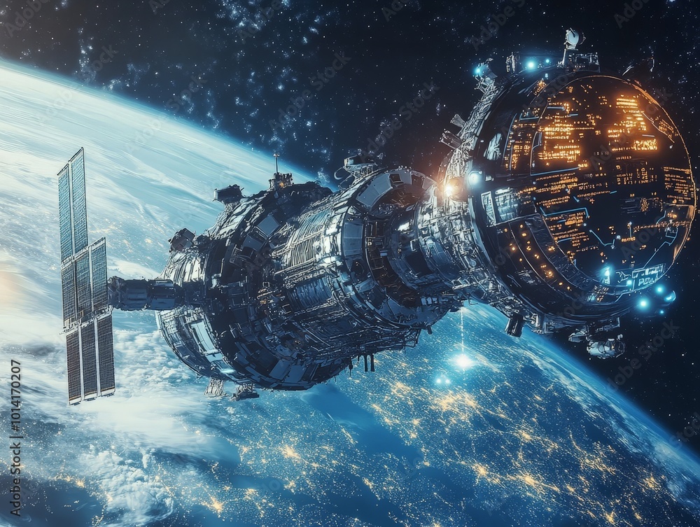 Poster space station cybersecurity with secure data communication, firewalls, and encryption protecting sys