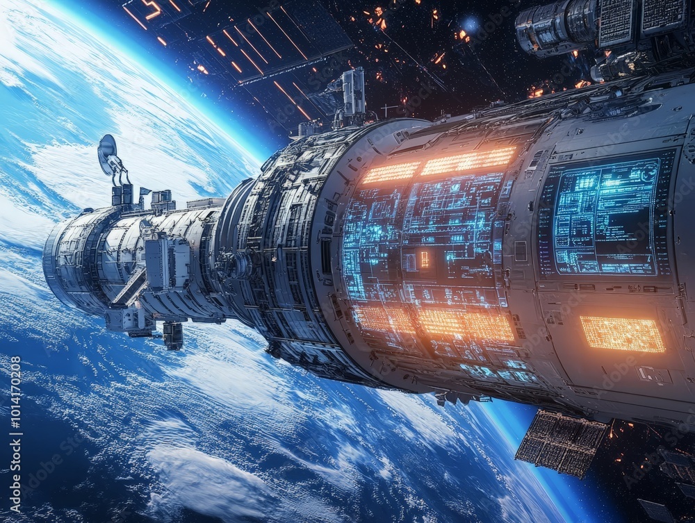 Poster space station cybersecurity with secure data communication, firewalls, and encryption protecting sys
