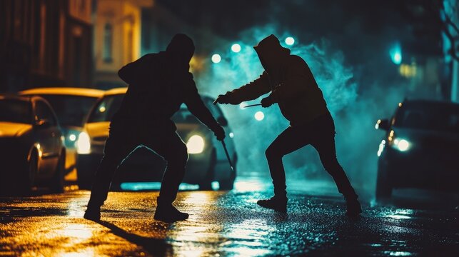 Street robbery at night with a mugger threatening a victim at knifepoint, creating a dangerous and dramatic scene.