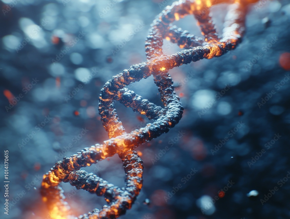 Poster synthetic genomics visualized by a detailed dna strand being engineered with artificial genes for us